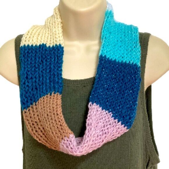 Infinity Scarf Rainbow Colorful with Sparkle Hand Knitted 34 x 3.5 inches - Picture 1 of 10